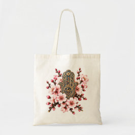 Bolsa Tote Ramo Floral de Olho Gordo Mão Hamsa Flor de Ameixa