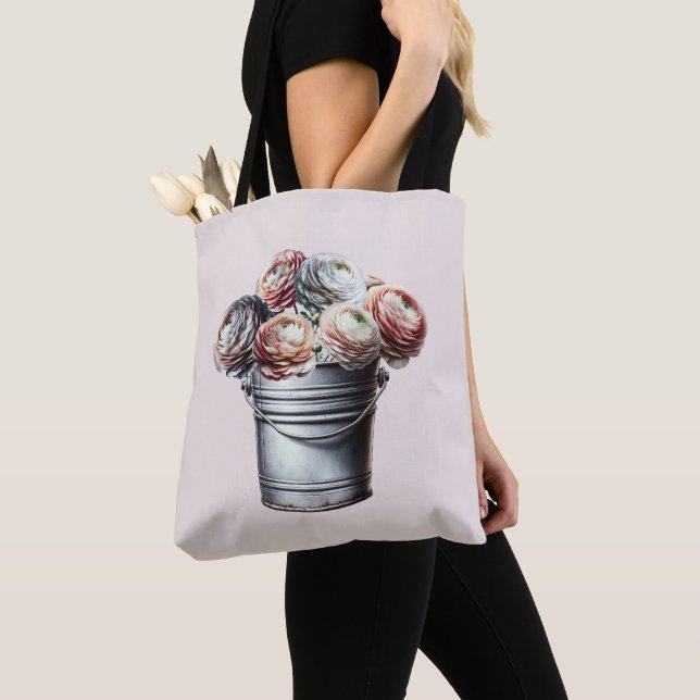 Bolsa Tote Ranunculus em Tin Pail Rustic Glam Rosa (Close Up)