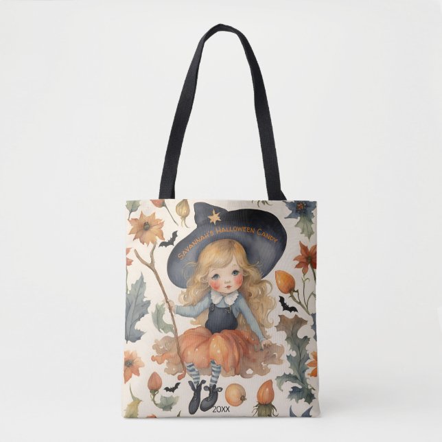 Bolsa Tote Rapariga Bruxa Personalizada Halloween Candy (Frente)