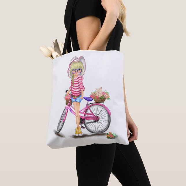 Bolsa Tote Rapariga com Saco de Bicicleta Rosa (Close Up)