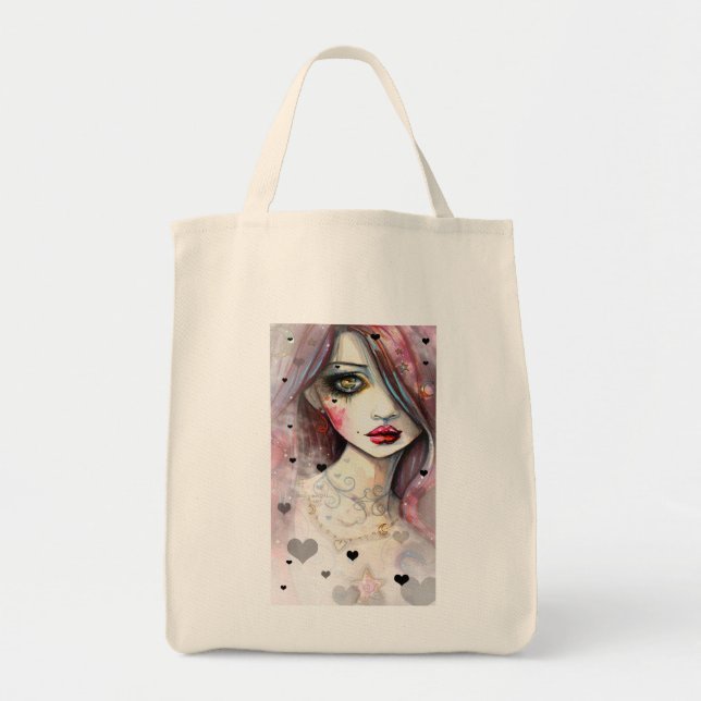 Bolsa Tote Rapariga de Arte Gótica Fantasia com Corações (Frente)
