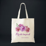 Bolsa Tote Rapariga de casamento violeta de buquê roxo<br><div class="desc">Mala de tote da na moda de casamento floral elegante e russa / madrinha de casamento / floral menina apresentando uma grande mancha rosa pastel, violeta, lilac, mauve e peonias vermelhas e burgundy buquê com seu texto personalizado. Preencha suas informações nos pontos, Você pode optar por personalizá-las mudando ainda mais...</div>