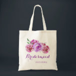 Bolsa Tote Rapariga de casamento violeta de buquê roxo<br><div class="desc">Mala de tote da na moda de casamento floral elegante e russa / madrinha de casamento / floral menina apresentando uma grande mancha rosa pastel, violeta, lilac, mauve e peonias vermelhas e burgundy buquê com seu texto personalizado. Preencha suas informações nos pontos, Você pode optar por personalizá-las mudando ainda mais...</div>