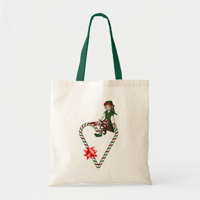 Bolsa Tote Rapariga Elf Candy Cane Heart Feriado de Natal (Frente)