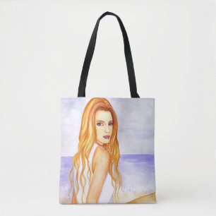 Bolsa Tote Rapariga na pintura de aquarela na praia