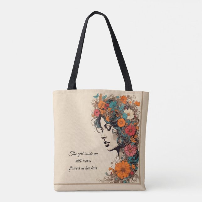 Bolsa Tote Rapariga retrô com flores no cabelo (Verso)