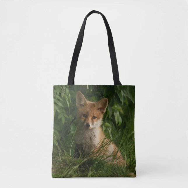 Bolsa Tote Raposa-bebê-branca numa Floresta Verde (Frente)