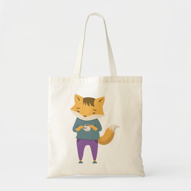 Bolsa Tote Raposa-branca com xícara de chá (Frente)