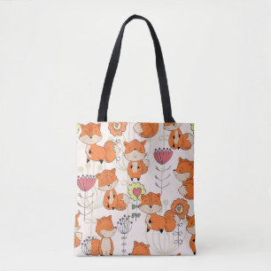 Bolsa Tote Raposa de animação, flores: padrão desenhado manua
