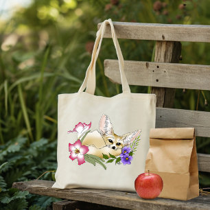 Bolsa Tote Raposa Fennec Flores Rosa Roxo Fofo Botânico Azul