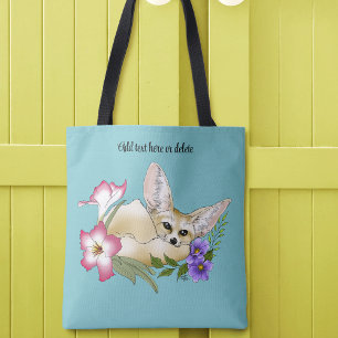 Bolsa Tote Raposa Fennec Flores Rosa Roxo Fofo Botânico Azul