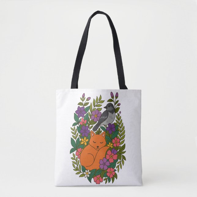 Bolsa Tote Raposa, pombo e flores (Frente)