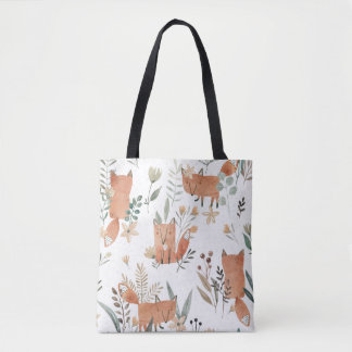 Bolsa Tote Raposas nos prados: Aquarela sem costura