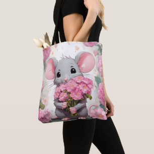Bolsa Tote Rato Com Buquê de Flores Rosa