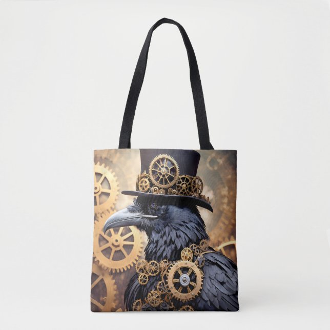 Bolsa Tote Raven em Top Hat Steampunk Art (Frente)