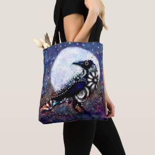 Bolsa Tote Raven Moon Floral Preto Branco Branco