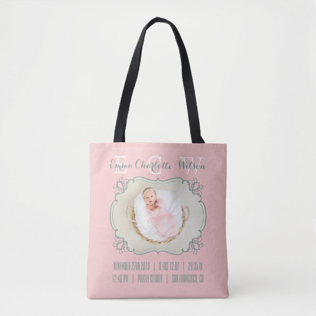 Bolsa Tote Recém-nascido Foto Monograma Blush Green Frame (Frente)