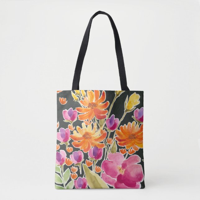 Bolsa Tote Recolha esplêndida - Flores Rosa e Laranja (Frente)
