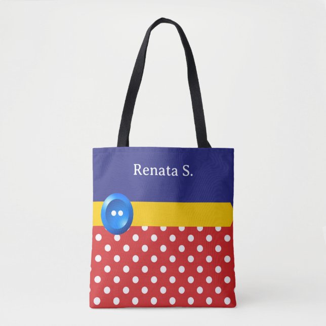 Bolsa Tote Red and White Polka Dots and Blue Button (Frente)