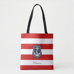 Bolsa Tote Red and White Stripes Náutica com seu nome