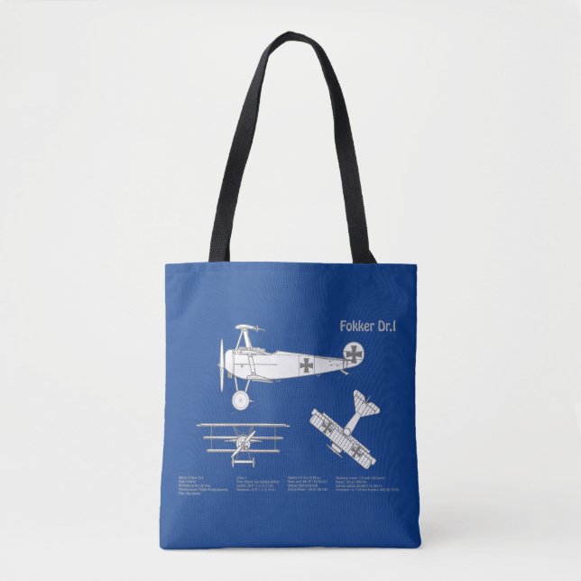 Bolsa Tote Red Baron Fokker Dr. 1 - Avião Blueprint ABD (Frente)