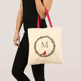 Bolsa Tote Red Berries Wreath and Red Cardinal Monogram