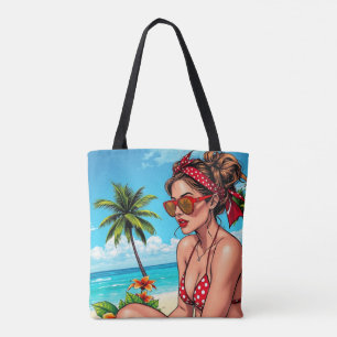 Bolsa Tote Red Bikini, óculos de sol e mulher Bandana