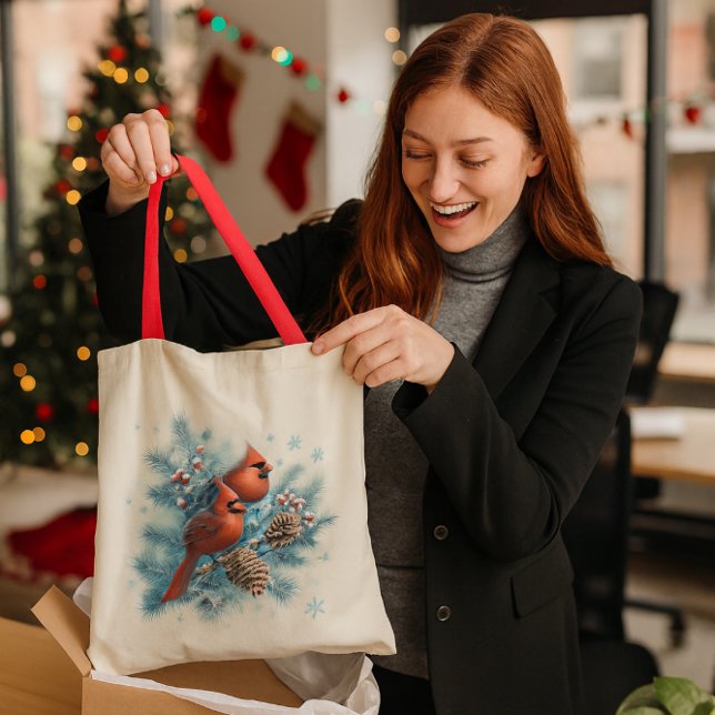 Bolsa Tote Red Bird & Pine Holiday Nature  (Festive cardinal tote bag with pinecones perfect holiday gift for nature lovers and coworkers.)