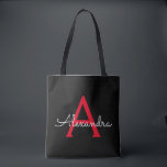 Bolsa Tote Red Black Girly Script Monograma Name Modern<br><div class="desc">Preto e Vermelho Elegante Adicione seu próprio nome Monograma Book Bag. Este Livro Bag pode ser personalizado para incluir seu nome inicial e próprio e ser dado como presente para o Natal,  Doce 16 Aniversário,  Chá de panela ou Casamento.</div>