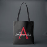 Bolsa Tote Red Black Girly Script Monograma Name Modern<br><div class="desc">Preto e Vermelho Elegante Adicione seu próprio nome Monograma Book Bag. Este Livro Bag pode ser personalizado para incluir seu nome inicial e próprio e ser dado como presente para o Natal,  Doce 16 Aniversário,  Chá de panela ou Casamento.</div>