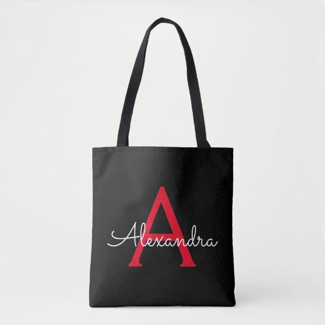 Bolsa Tote Red Black Girly Script Monograma Name Modern (Frente)