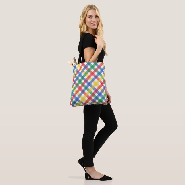 Bolsa Tote Red Blue Yellow and Green Plaid Print  (No(a) Modelo)