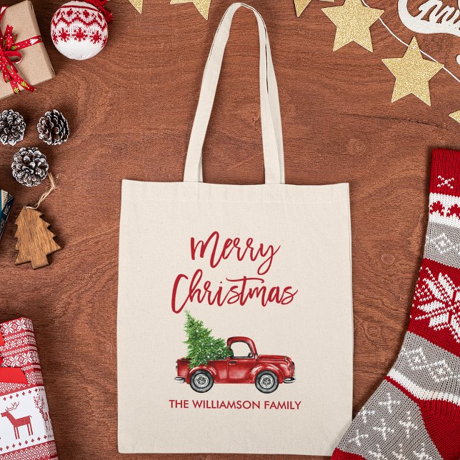 Bolsa Tote Red Brussel Script Vintage Red Truck Natal (Customize to add more text.)