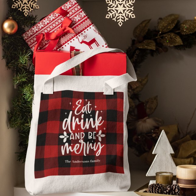 Bolsa Tote Red Buffalo Plaid “Eat, Drink & Be Merry” (Criador carregado)