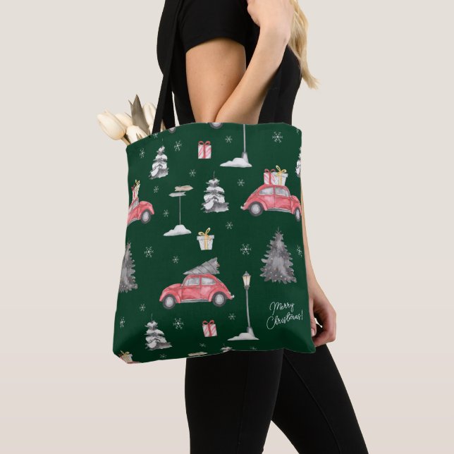 Bolsa Tote Red Car Winter Patterry Felry Christmas Green (Close Up)