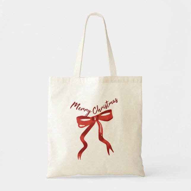 Bolsa Tote Red Christmas Bow with Merry Christmas Text (Frente)
