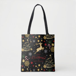 Bolsa Tote Red Dourado Reindeer Feliz Árvore de Natal