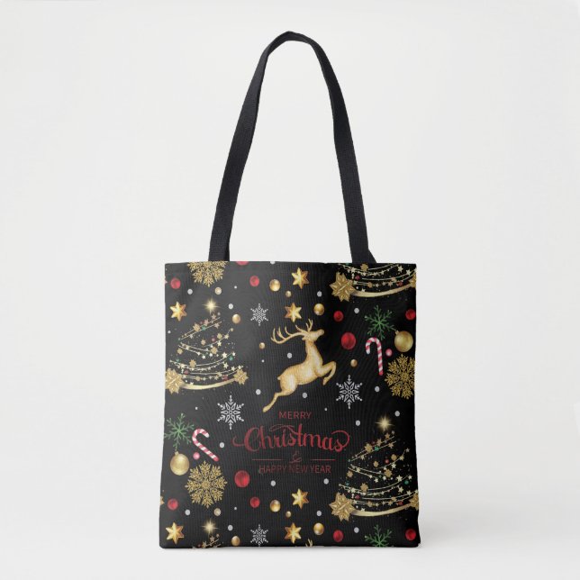 Bolsa Tote Red Dourado Reindeer Feliz Árvore de Natal (Frente)