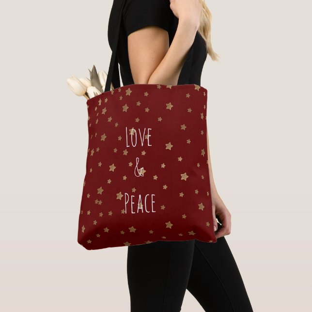 Bolsa Tote Red Dourado Stars Love and Peace (Close Up)