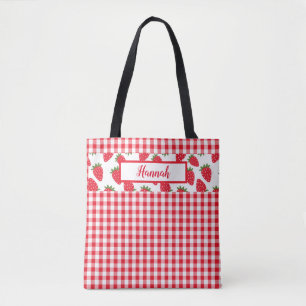 Bolsa Tote Red Gingham Check e Morangos Monogramas