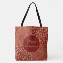 Bolsa Tote Red Gold Pixels and Flowers, Gold Merry Christmas