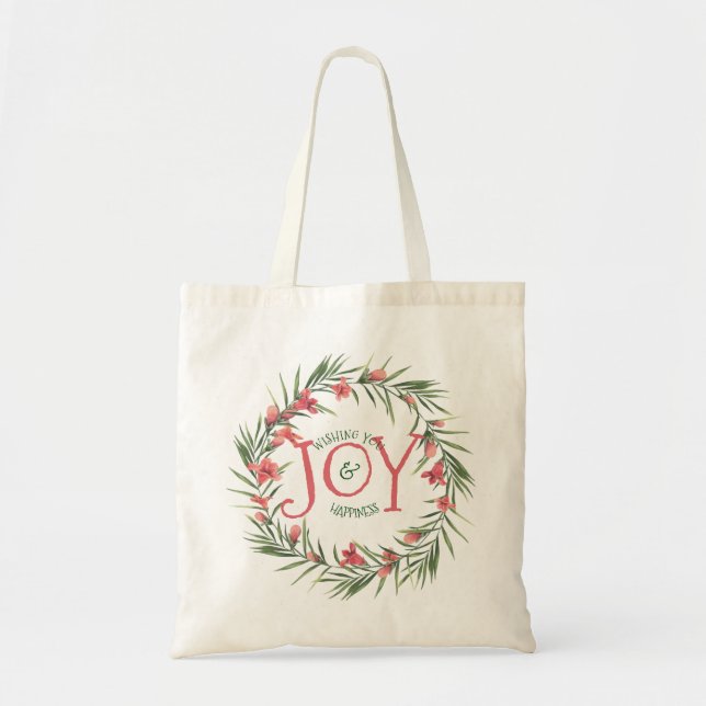 Bolsa Tote Red & Green Floral Wreath Natal Modelo (Frente)