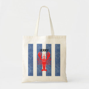 Bolsa Tote Red Lobster em Listras de Denim Azul e Branco