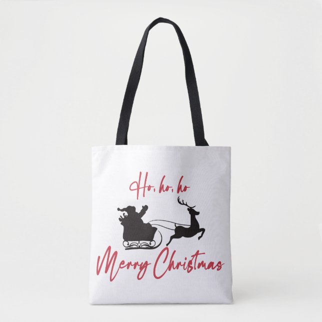 Bolsa Tote Red Merry Christmas Papais noeis Sleigh e Reindeer (Frente)