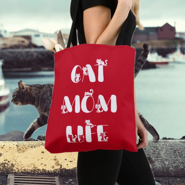 Bolsa Tote Red Modern Cat Mãe Vida Dia de as mães Bonito (Criador carregado)