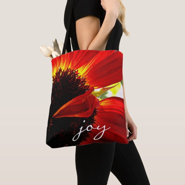 Bolsa Tote Red Orange Gerbera Daisy Photo Joy Script Modern (Close Up)