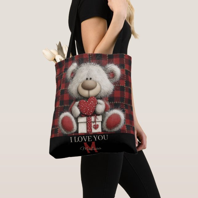 Bolsa Tote Red Plaid Bear I Love You Custom Name Monogram (Close Up)