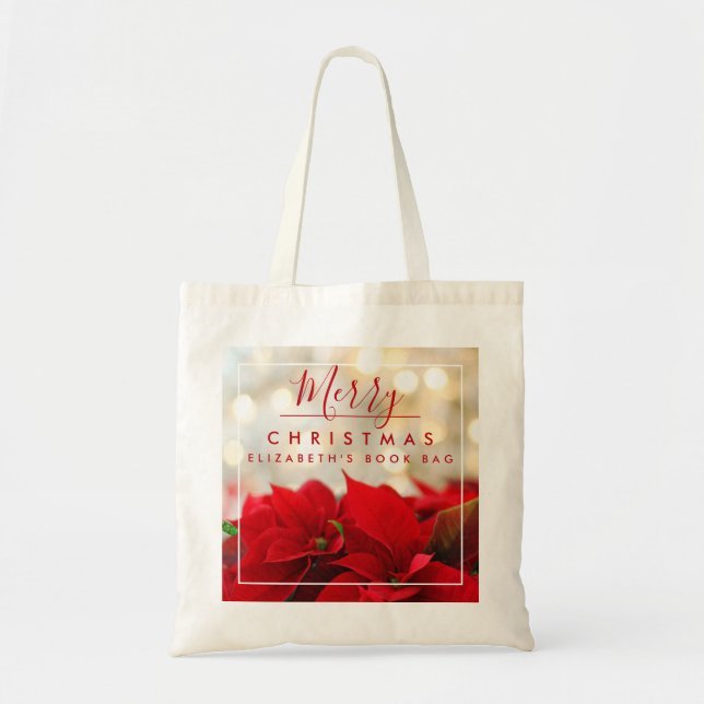 Bolsa Tote Red Poinsettias com Ouro Bokeh Natal (Frente)