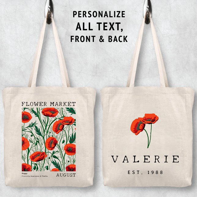 Bolsa Tote Red Poppy Floral August Birth Flower Market Name (Personalized August Birth Flower Market Tote Bag, Custom Name Bag, Bachelorette Bridesmaid Gifts )