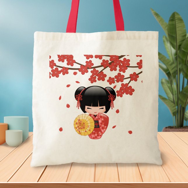 Bolsa Tote Red Sakura Kokeshi Doll - Geisha Japonês (Criador carregado)